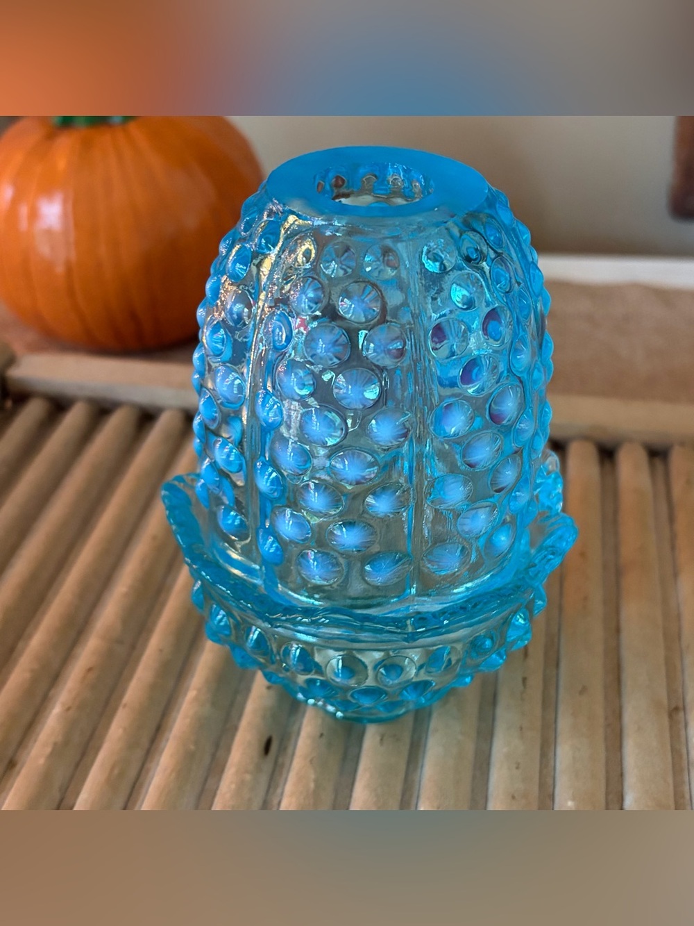 Vintage Fenton Fairy Lamp Hobnail Aqua Blue Opalescent Candle Holder💙